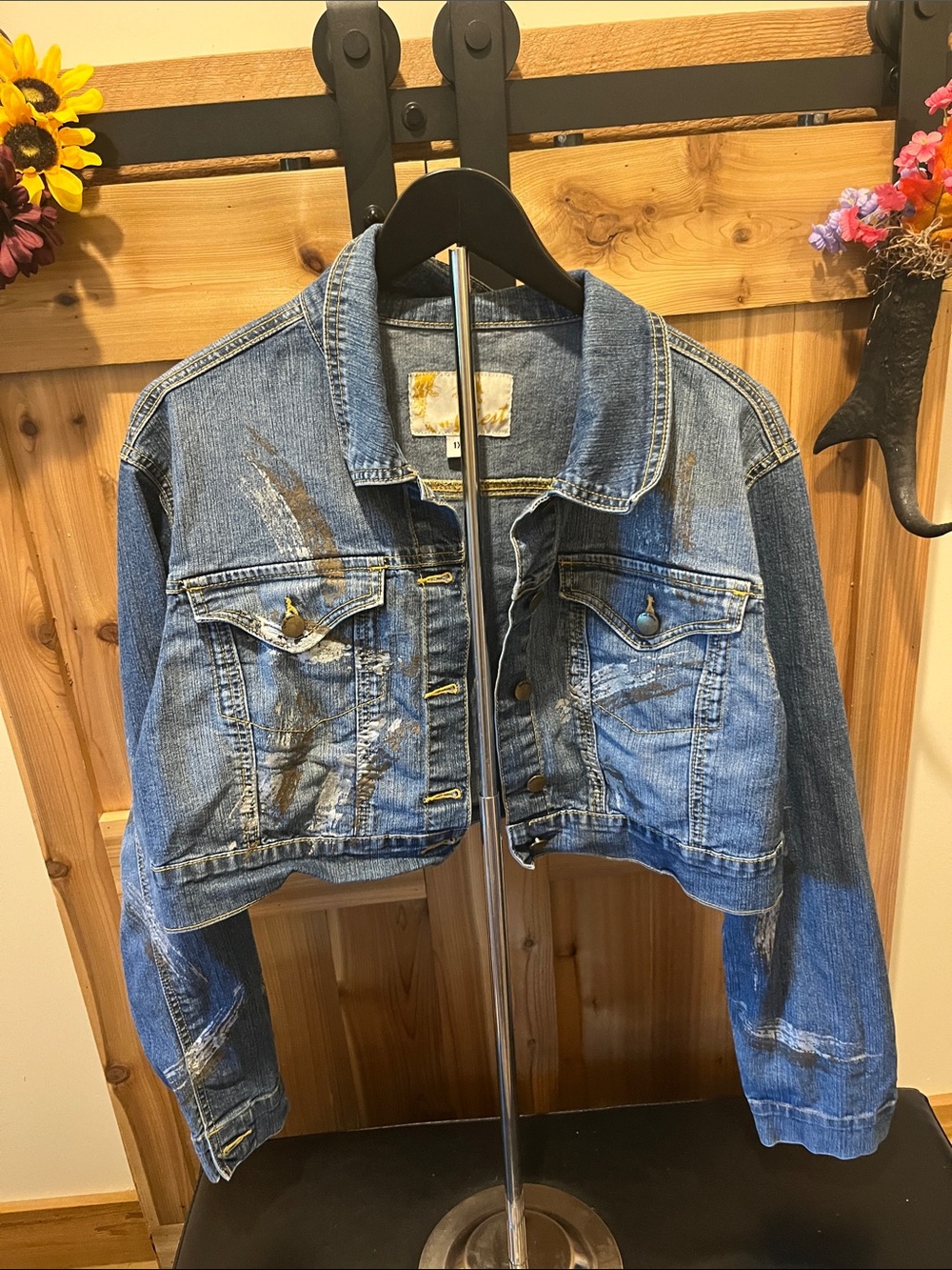 Crest Blue Denim Jean Jacket with Paint Detail